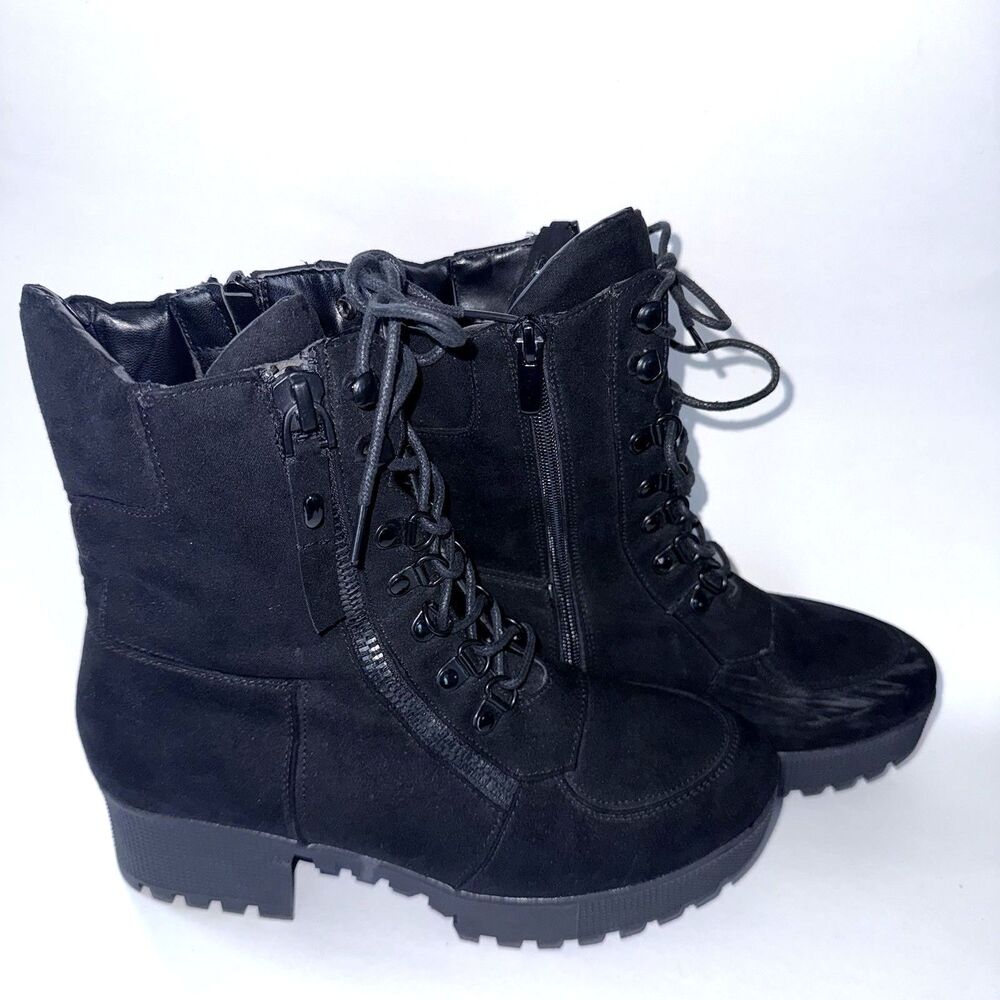 Nasty Gal Boots Black Faux Suede Combat Goth Chunky Zip Lace Size 6/39